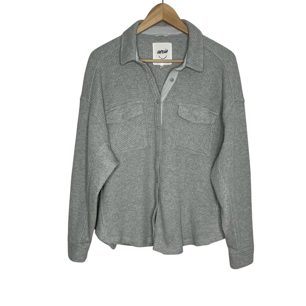 Aerie Lumberjane Waffle Knit Cardigan Sweater Womens Small Gray Button Up - Picture 2 of 9